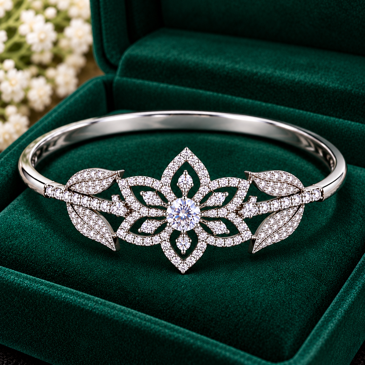 Eleganter Armreif mit funkelnden Zirkonia & Blütendesign – Platinbeschichteter Chirurgenstahl