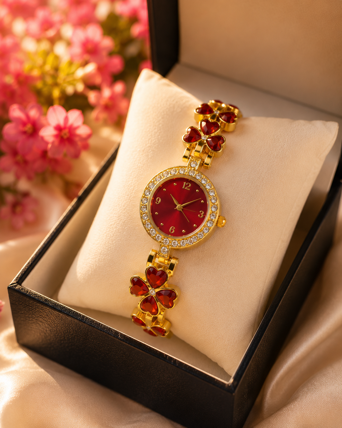 Elegante Damenuhr Red Heart – Gold & Rubinrot