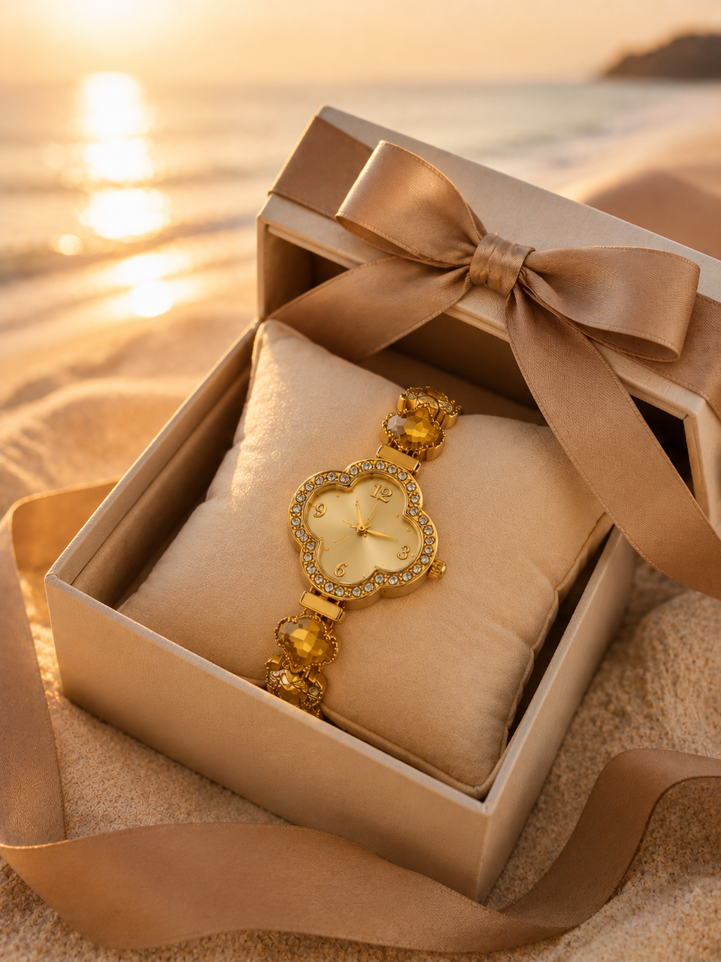Luxus Damenuhr „Golden Clover“ – Gold & Kristalle