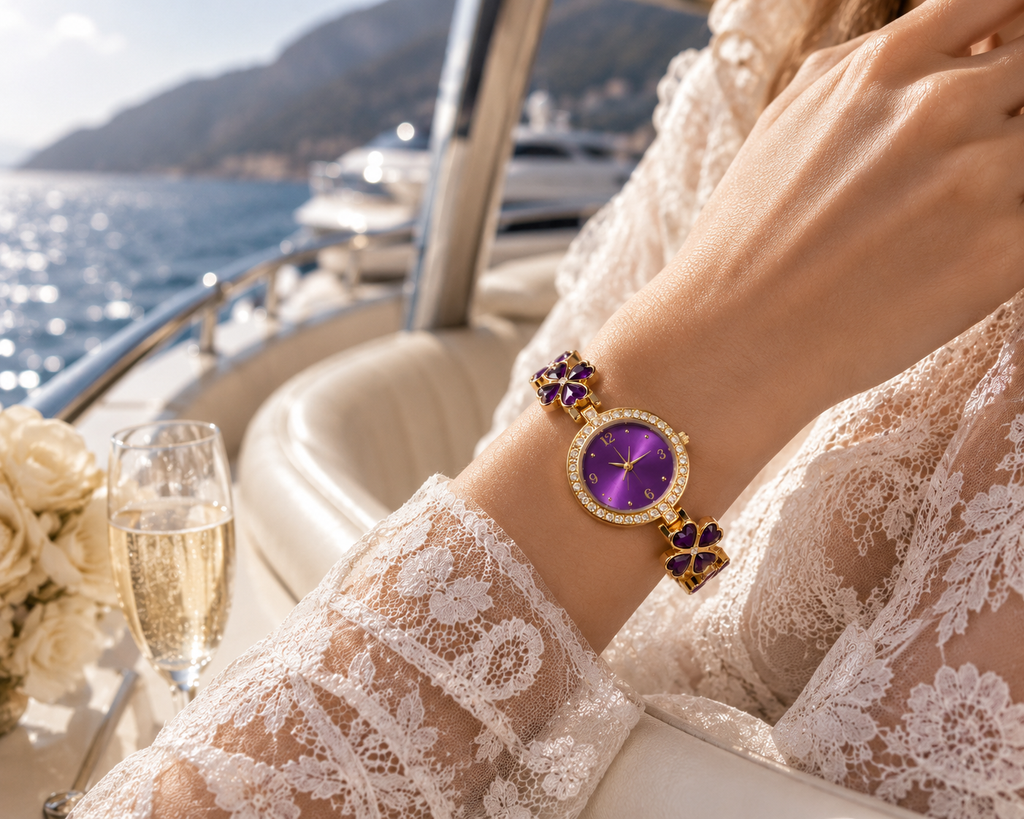 💜✨ Luxus Damenuhr mit violetten Kleeblatt-Details und Zirkonia ✨💜