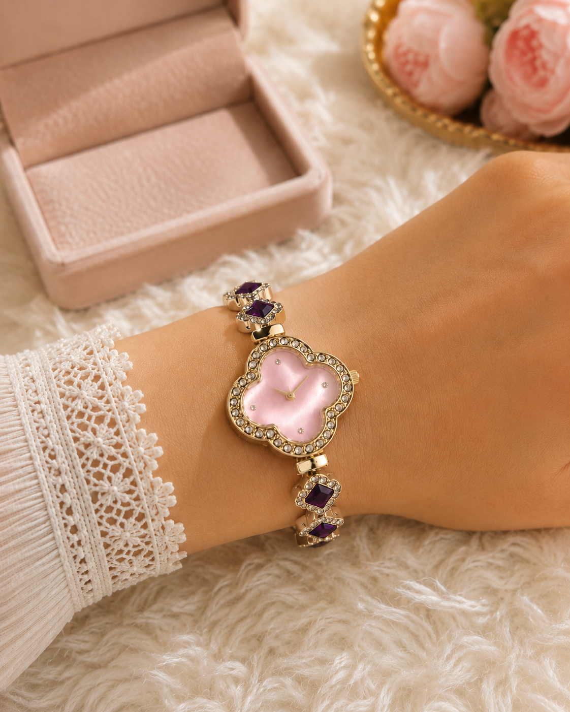 Luxus Damenuhr „Amethyst Blossom“ – Gold & Violett