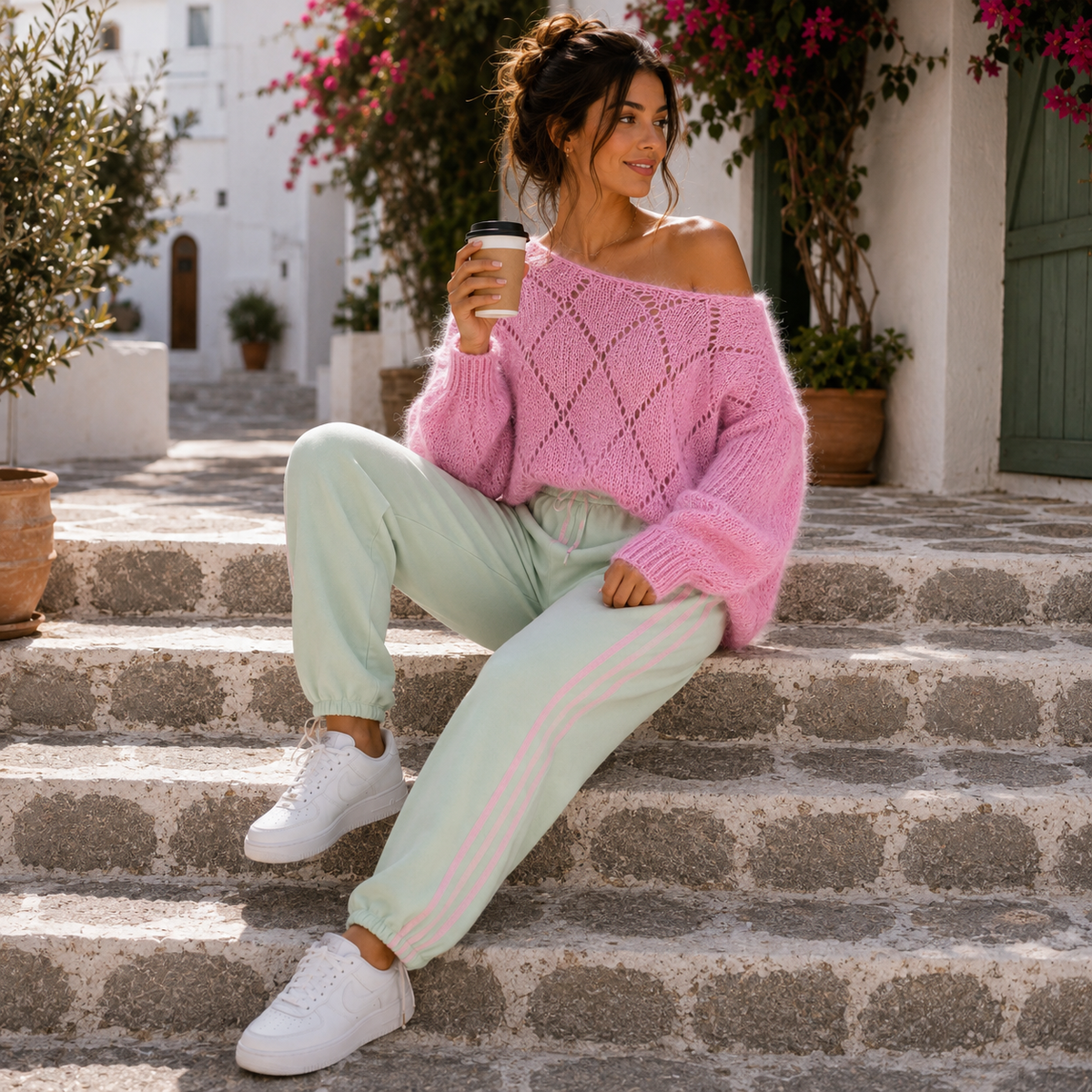 Damen Freizeithose Mint mit rosa Streifen