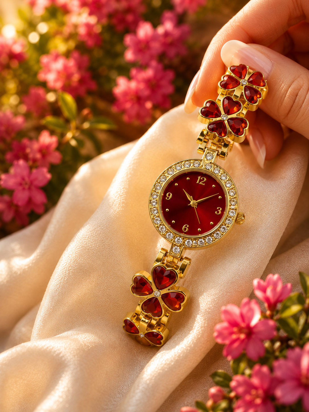 Elegante Damenuhr Red Heart – Gold & Rubinrot
