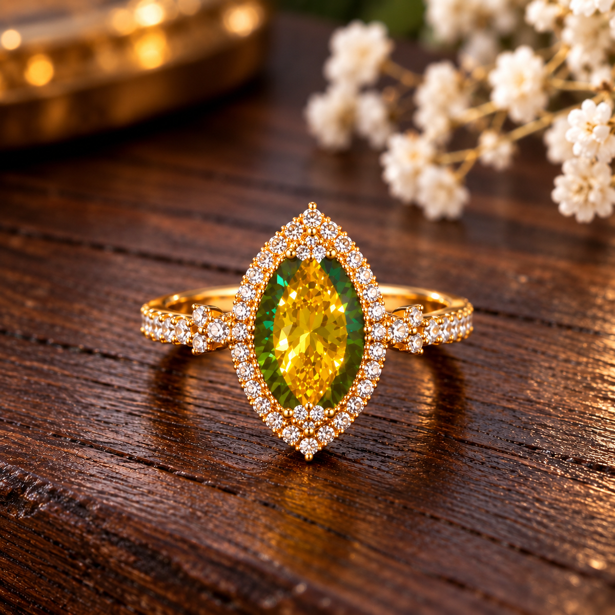 Eleganter Damenring Grün-Gelb mit Zirkonia – 18K Vergoldung – Gr. 7 💚💛