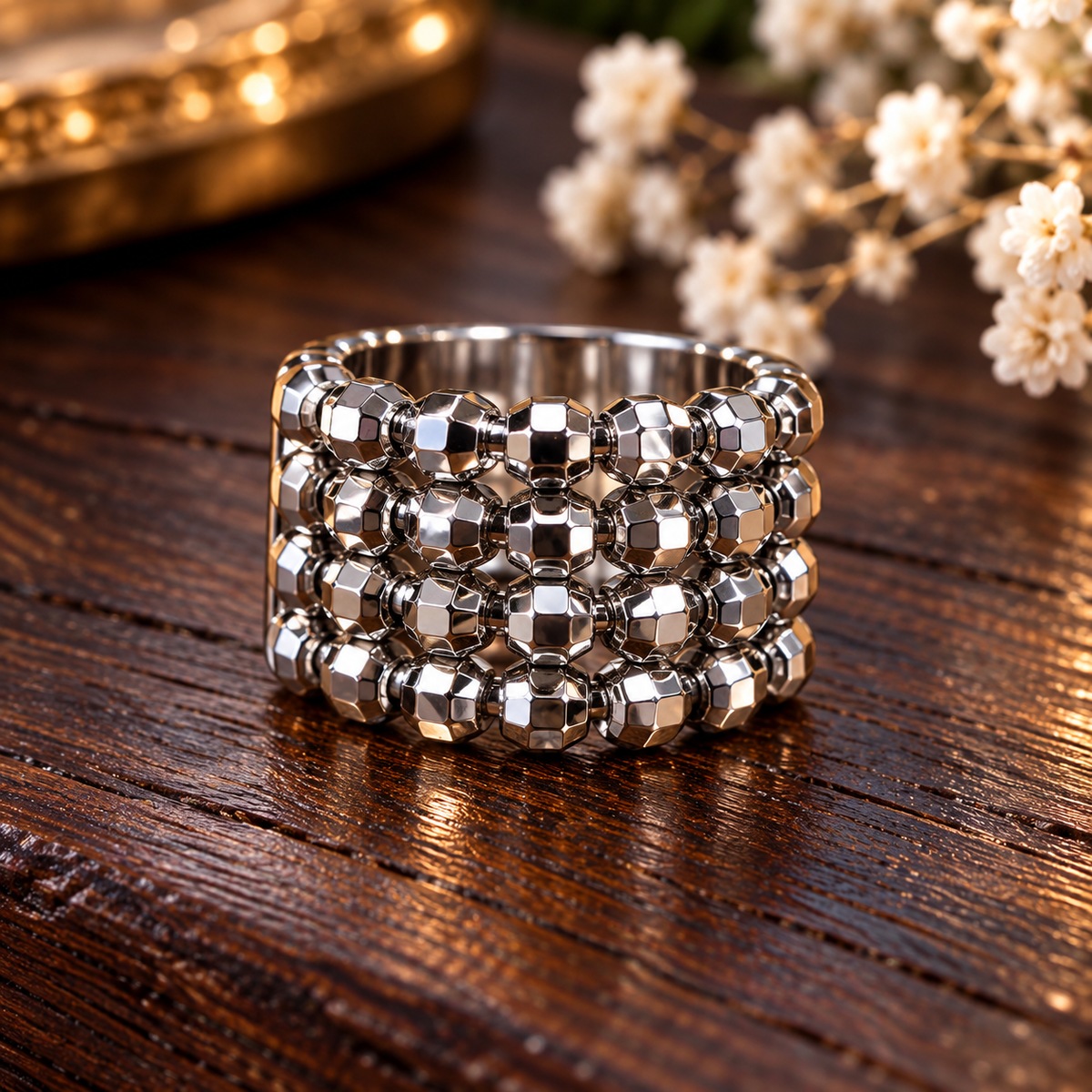 Breiter Damenring aus chirurgischem Stahl mit Platinbeschichtung – 4-reihiger Statement-Ring – Gr. 7