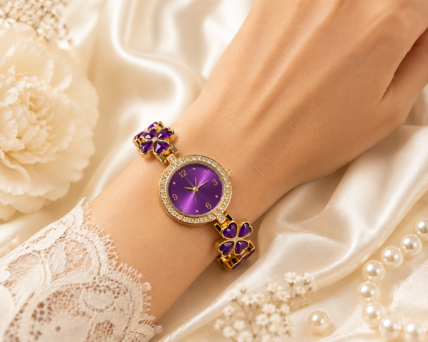 💜✨ Luxus Damenuhr mit violetten Kleeblatt-Details und Zirkonia ✨💜