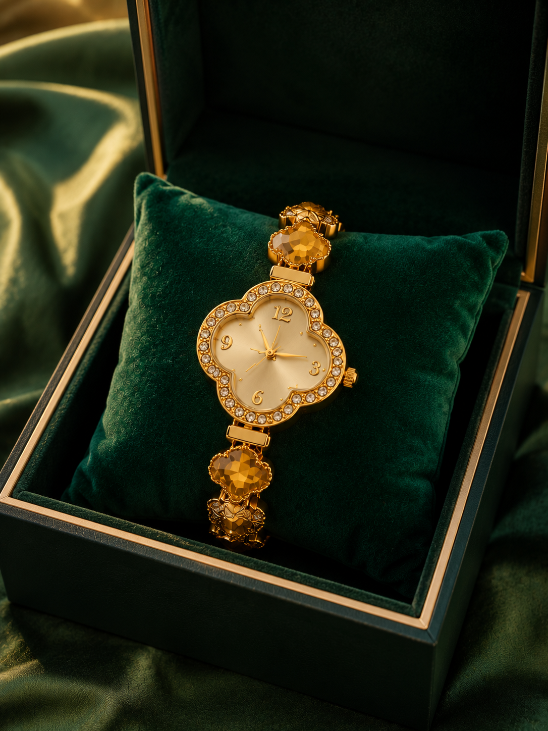 Luxus Damenuhr „Golden Clover“ – Gold & Kristalle