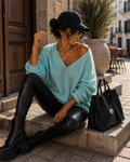Oversize Pullover Türkis – weicher Strick | V-Ausschnitt | Made in Italy | bis ca. 130 cm Brust