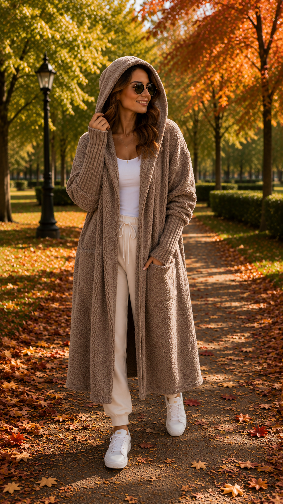 Long Bouclé Cardigan mit Kapuze – Oversize M–XL