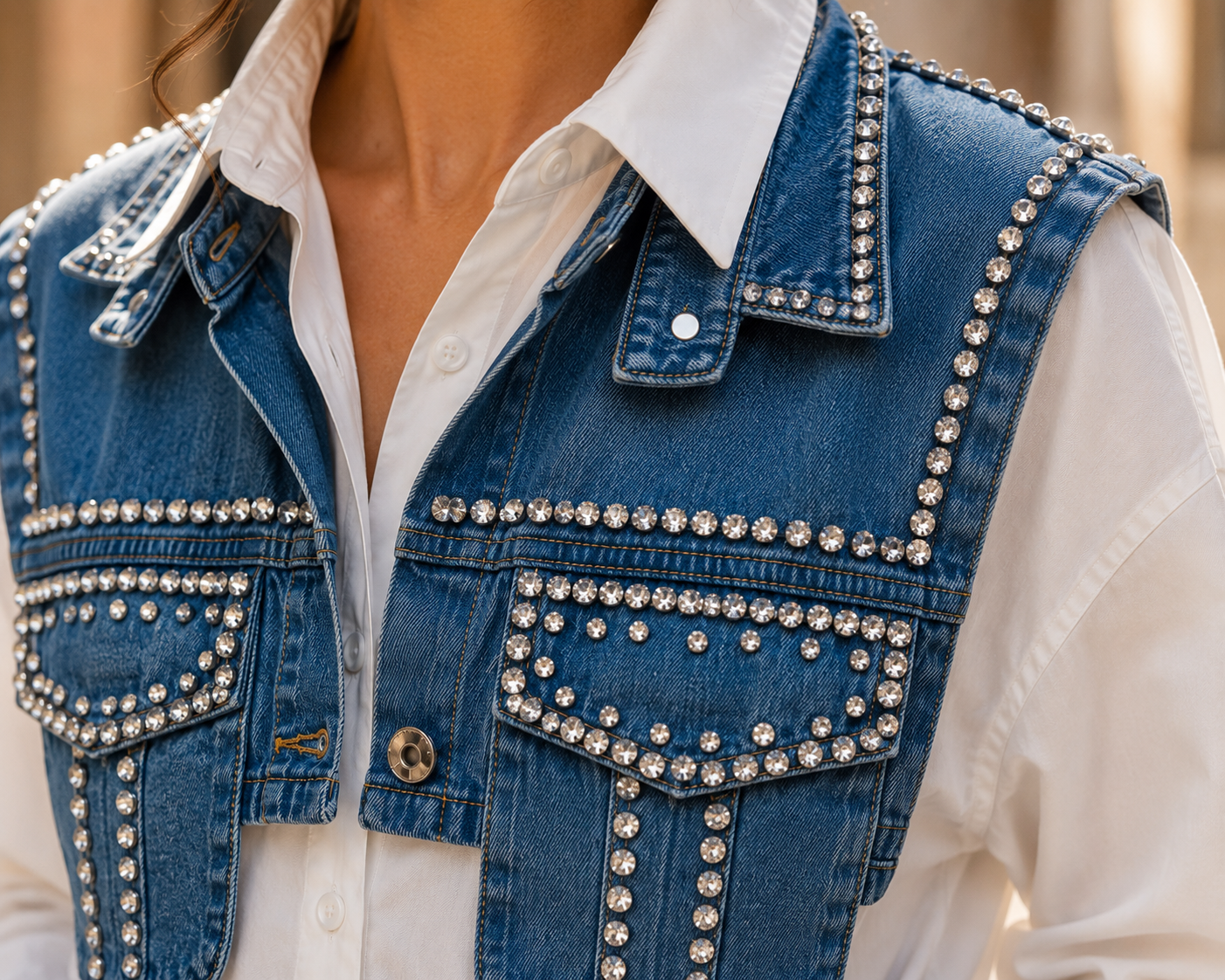 Elegante Baumwollbluse mit Denim-Weste und Strassdetails