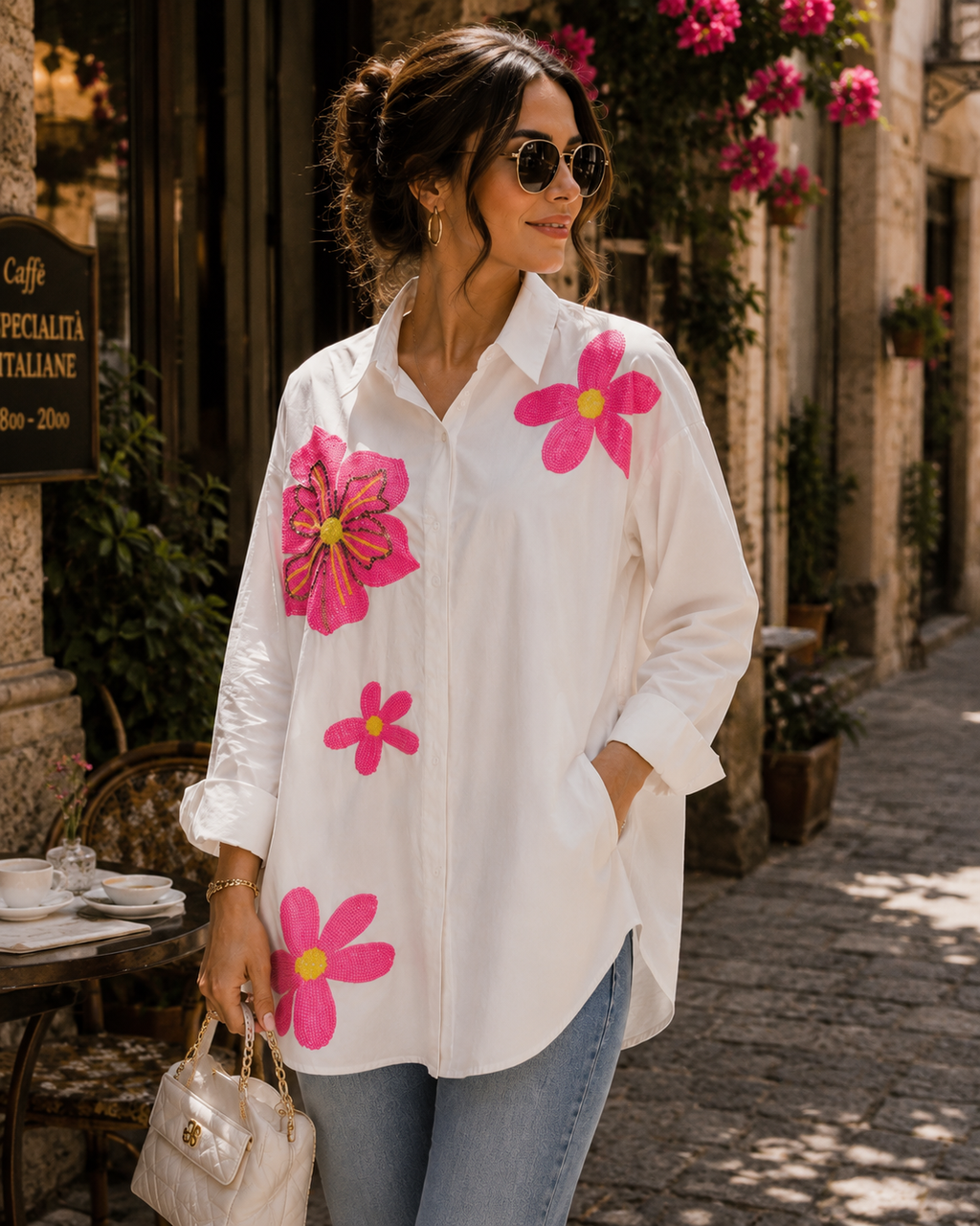 Oversize Hemdbluse mit floralen Pailletten – Mode aus Italien