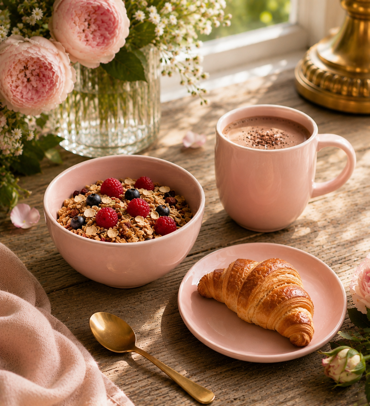 Pudderrosa Keramikgeschirr Set – Schale, Teller & Becher
