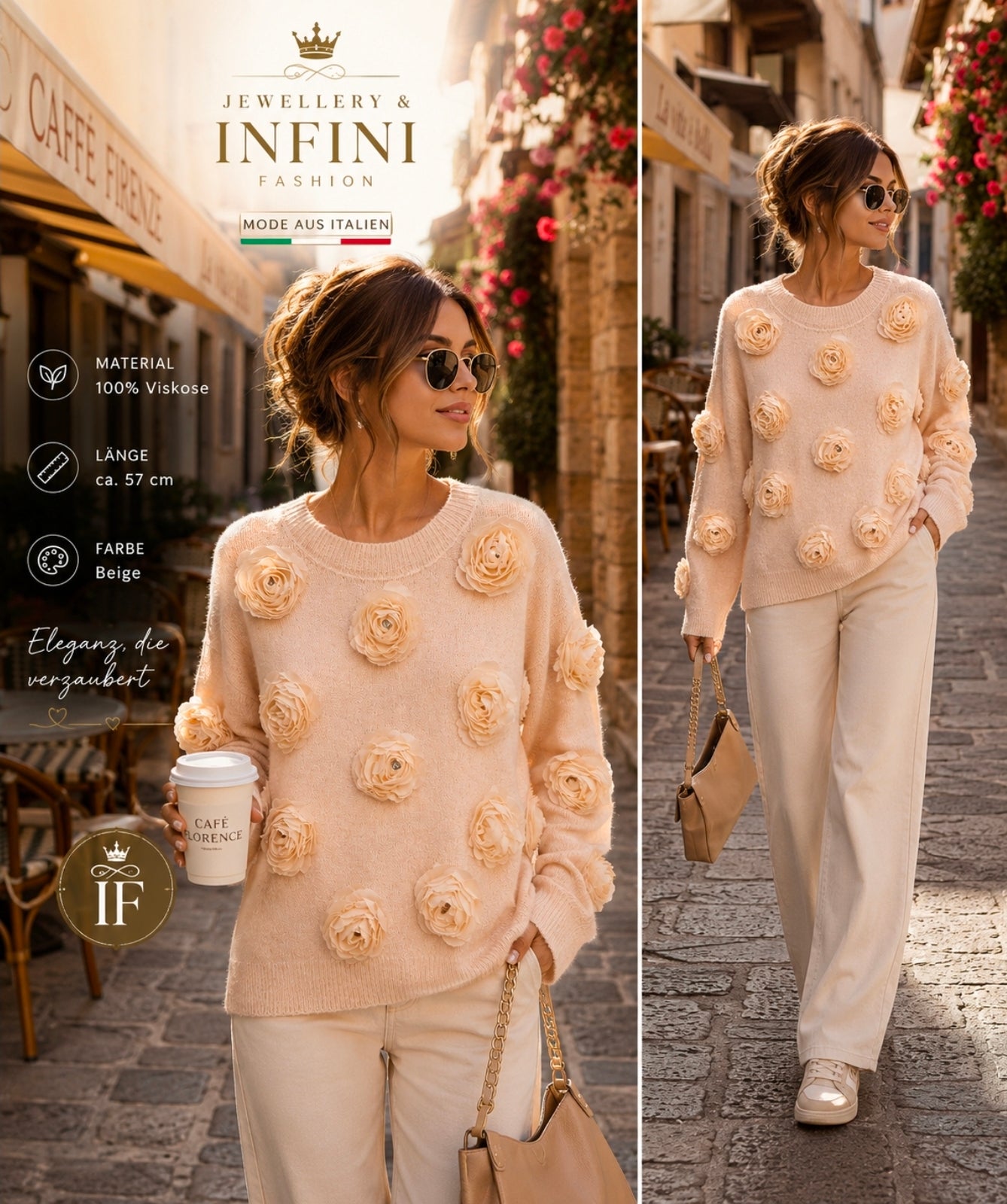 Blütenpullover in Beige – Eleganz mit romantischem Charme
