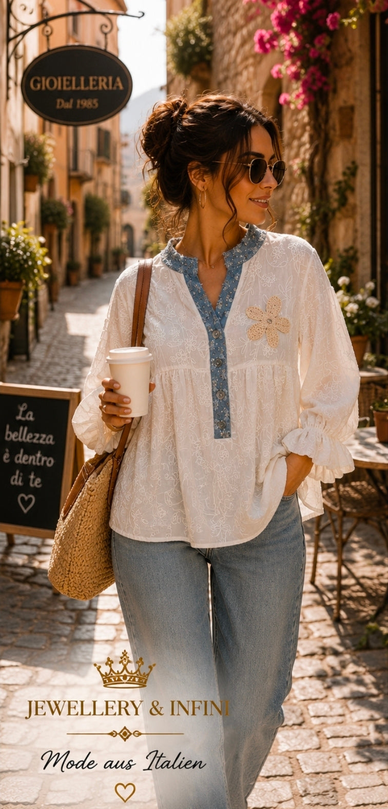 ✨ Elegante Spitzenbluse mit Denim-Details & 3D-Blüte