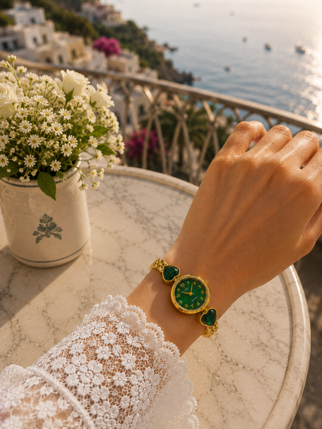 Luxus Damenuhr Green Heart mit funkelnden Herzdetails