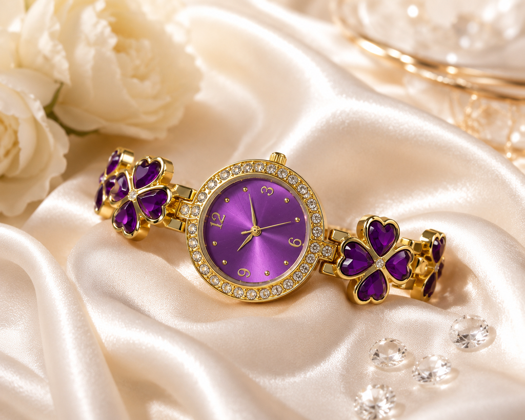 💜✨ Luxus Damenuhr mit violetten Kleeblatt-Details und Zirkonia ✨💜