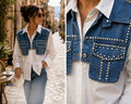 Elegante Baumwollbluse mit Denim-Weste und Strassdetails