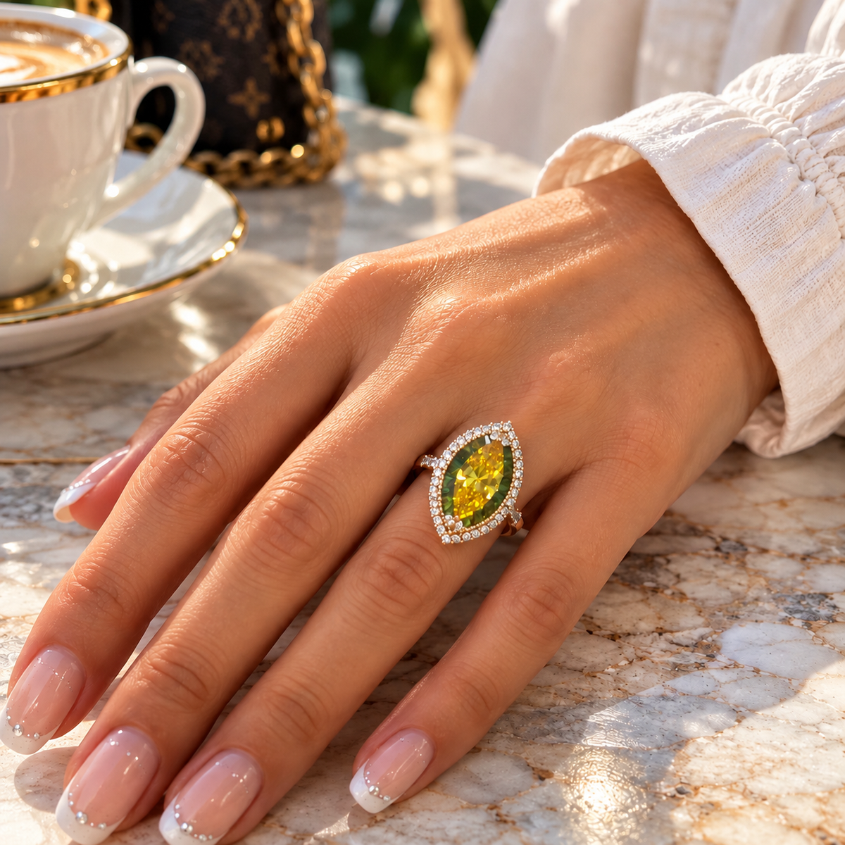 Eleganter Damenring Grün-Gelb mit Zirkonia – 18K Vergoldung – Gr. 7 💚💛