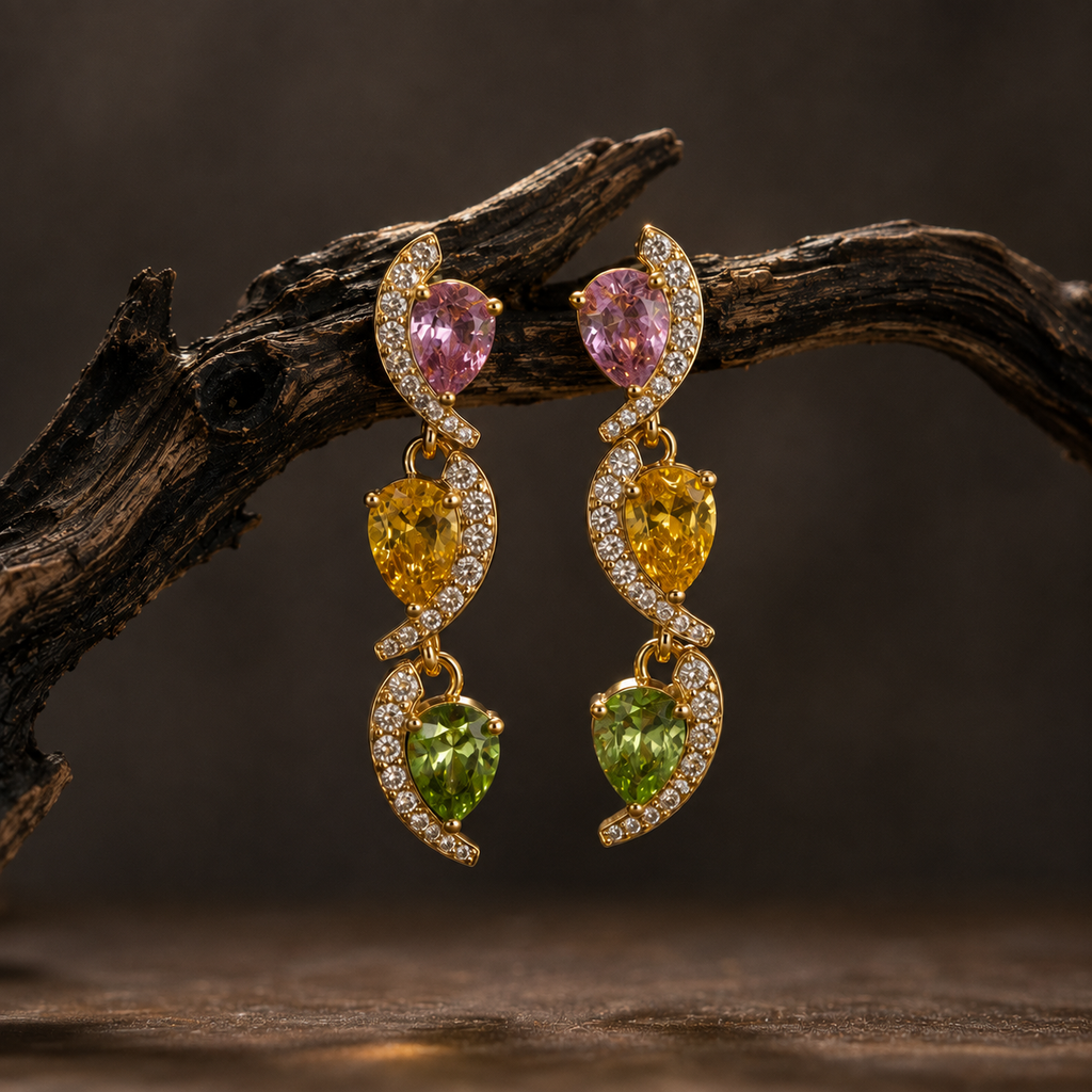 Elegante Ohrringe in Rosa, Gold & Grün – 18K vergoldeter Chirurgenstahl