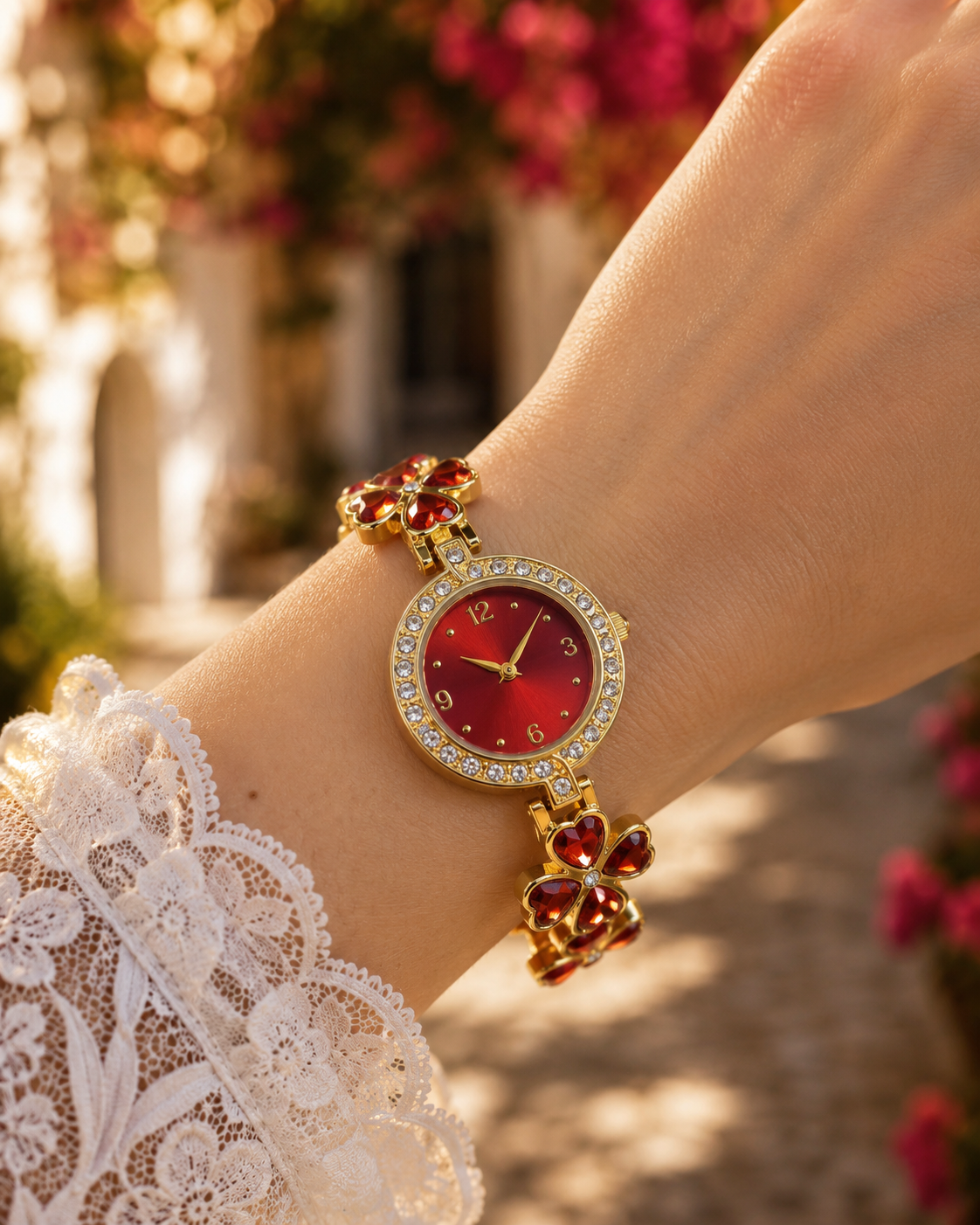 Elegante Damenuhr Red Heart – Gold & Rubinrot