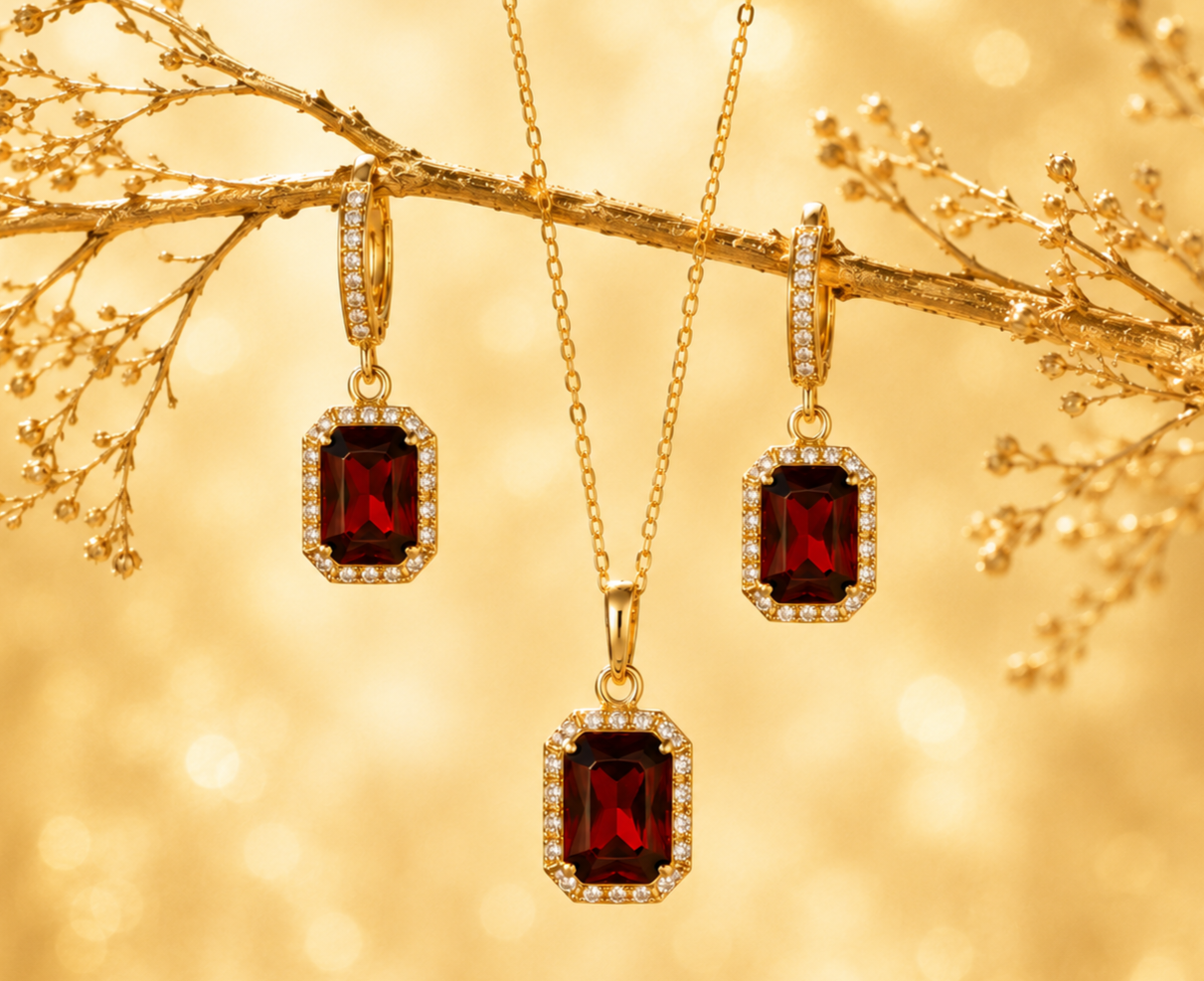 Elegantes Schmuckset mit roten Zirkonia – Anhänger & Ohrringe