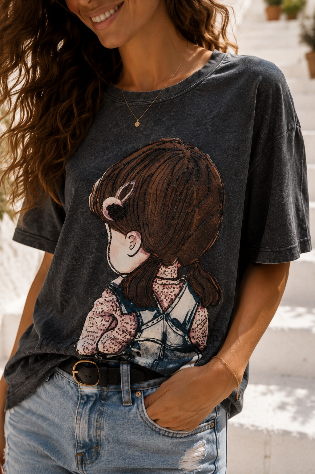Oversize T-Shirt mit glitzerndem Print – Italienische Mode
