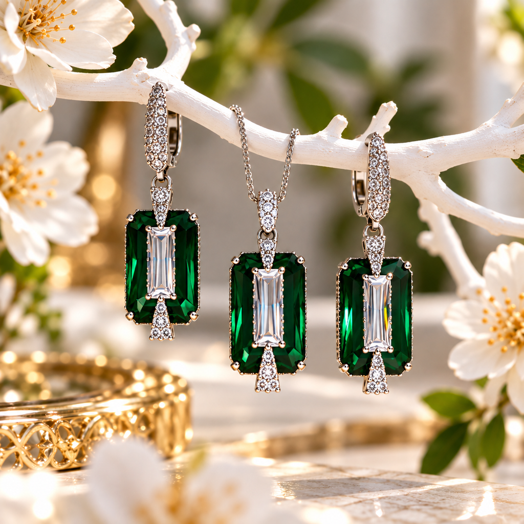 Luxuriöses Schmuckset in Smaragdgrün – Funkelnde Ohrringe & Halsketten-Anhänger mit Zirkonia