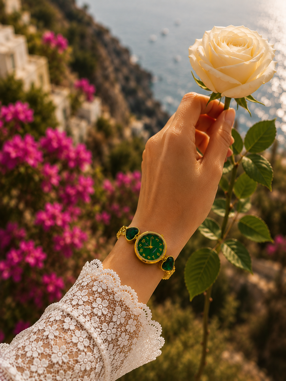 Luxus Damenuhr Green Heart mit funkelnden Herzdetails