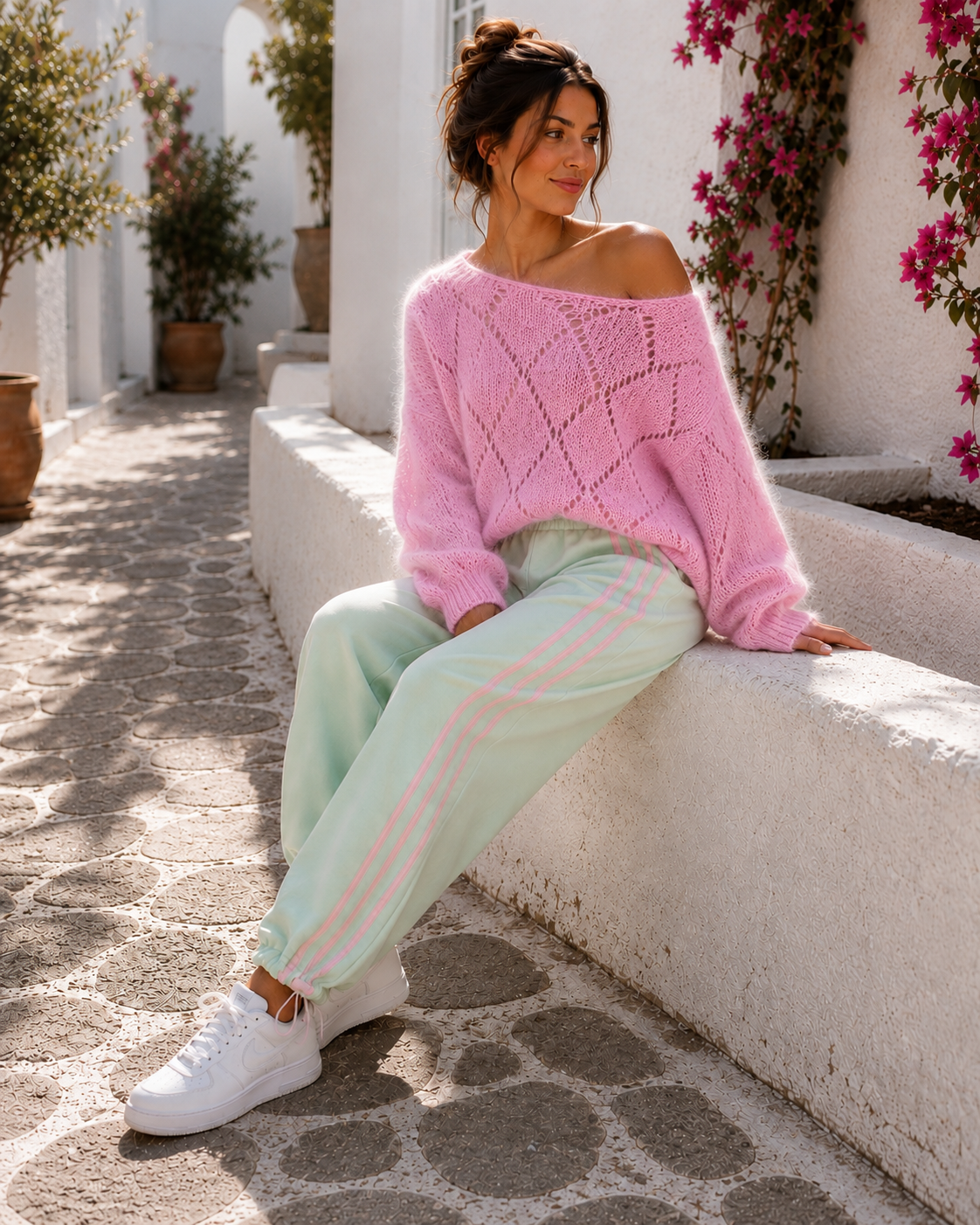 Damen Freizeithose Mint mit rosa Streifen